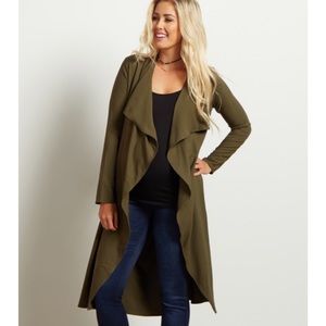 Olive Green Solid Draped Maternity Trench Coat
